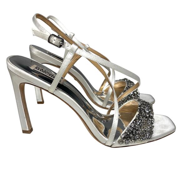 Badgley Mischka Rider White Satin Stiletto Heeled Sandal Beaded, Rhinestone 11 - Picture 3 of 10